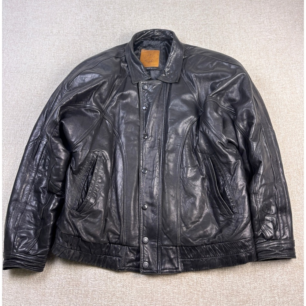 Pour Le Sport Mens Black Genuine Leather Bomber Jacket Size 40 Zip Snap Front